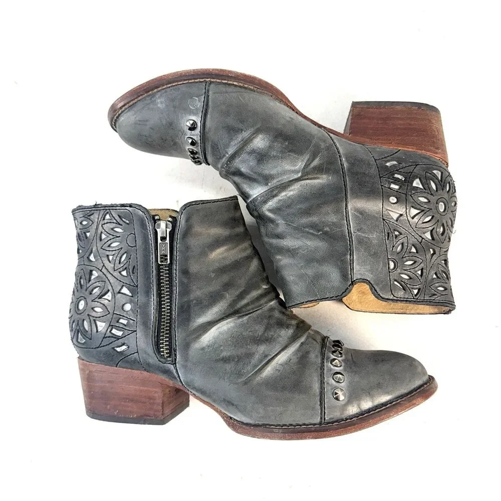 Patron Perugia Ruth Studded Ankle Boots Women Size 9M Gray Zipper Cut Out Detail